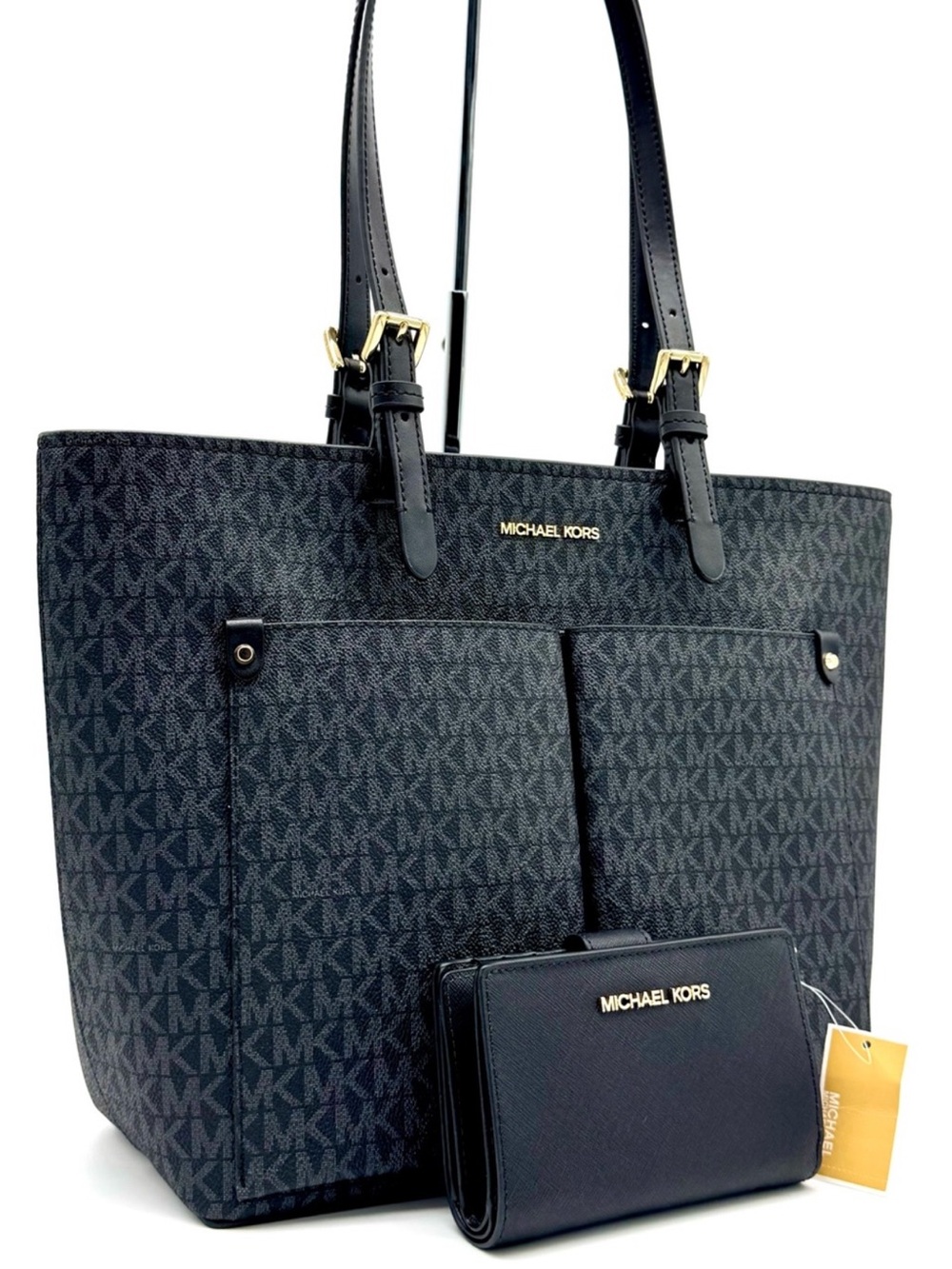 Michael Kors Jet Set Medium Pocket Tote Bag & Matching Bifold Wallet Black